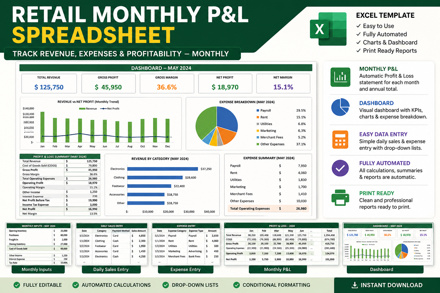Retail Monthly P&L Spreadsheet screenshot