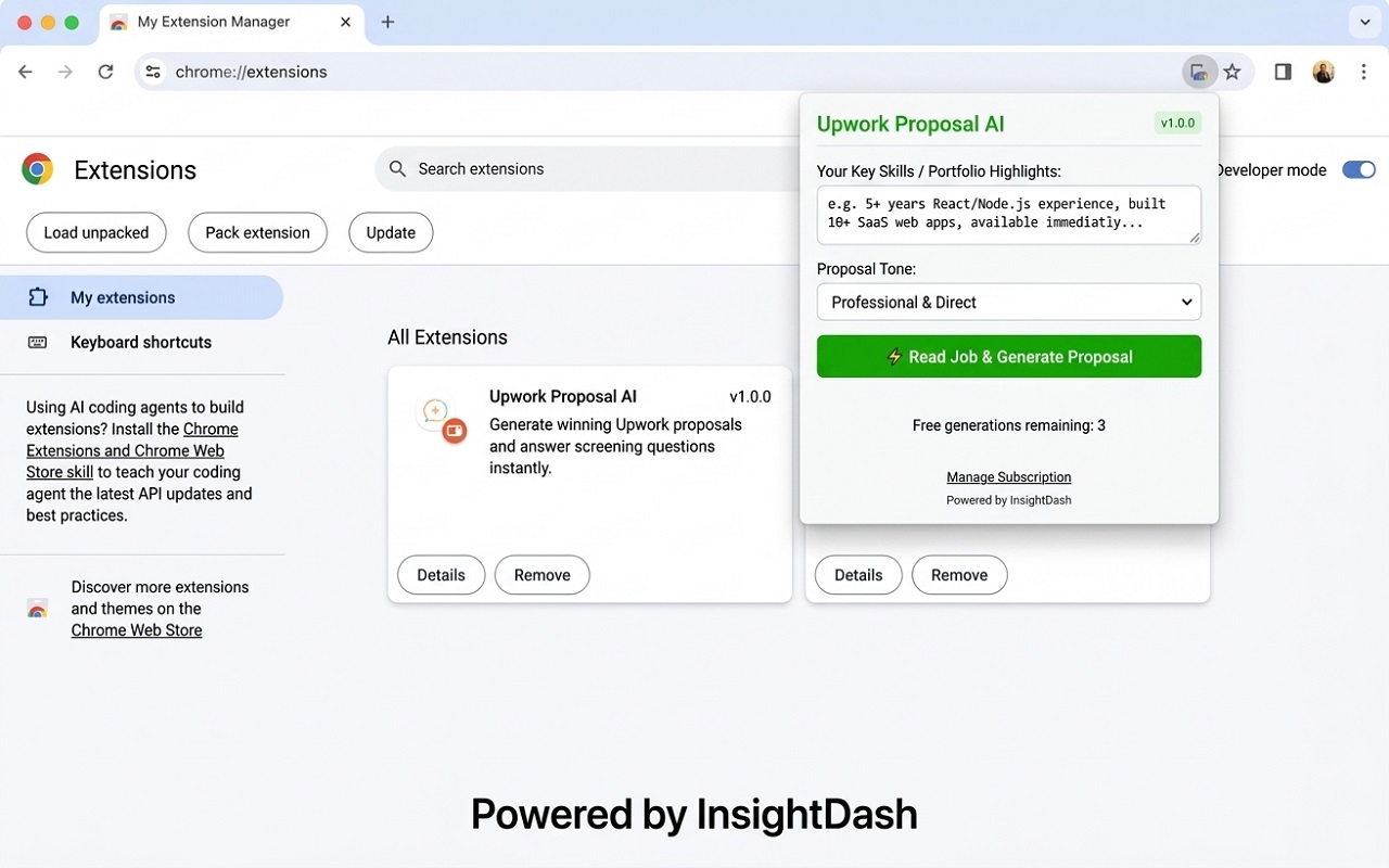 Upwork Proposal AI extension showing skills storage, proposal tone selection, and Read Job & Generate Proposal