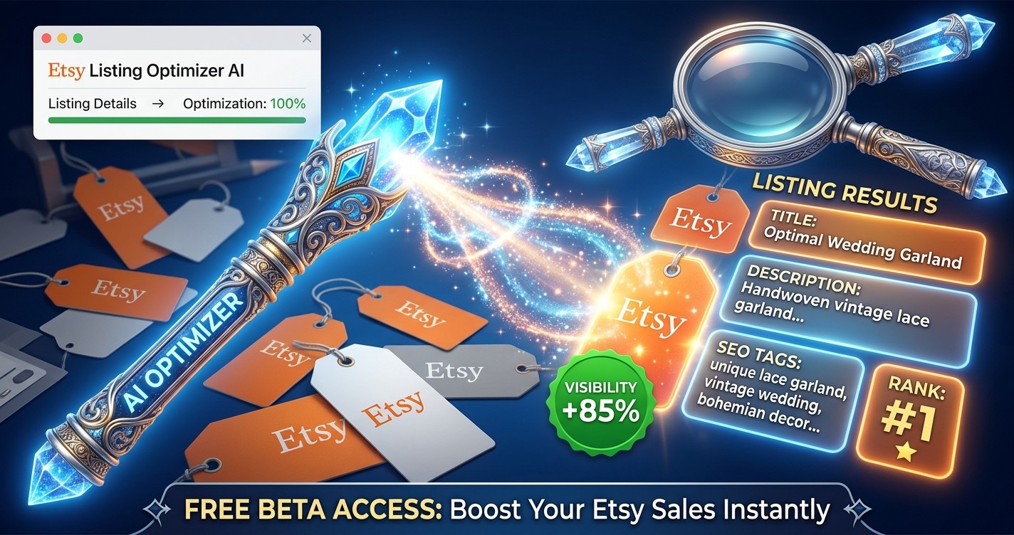Etsy Listing Optimizer promotional artwork featuring AI-generated titles, descriptions and tags